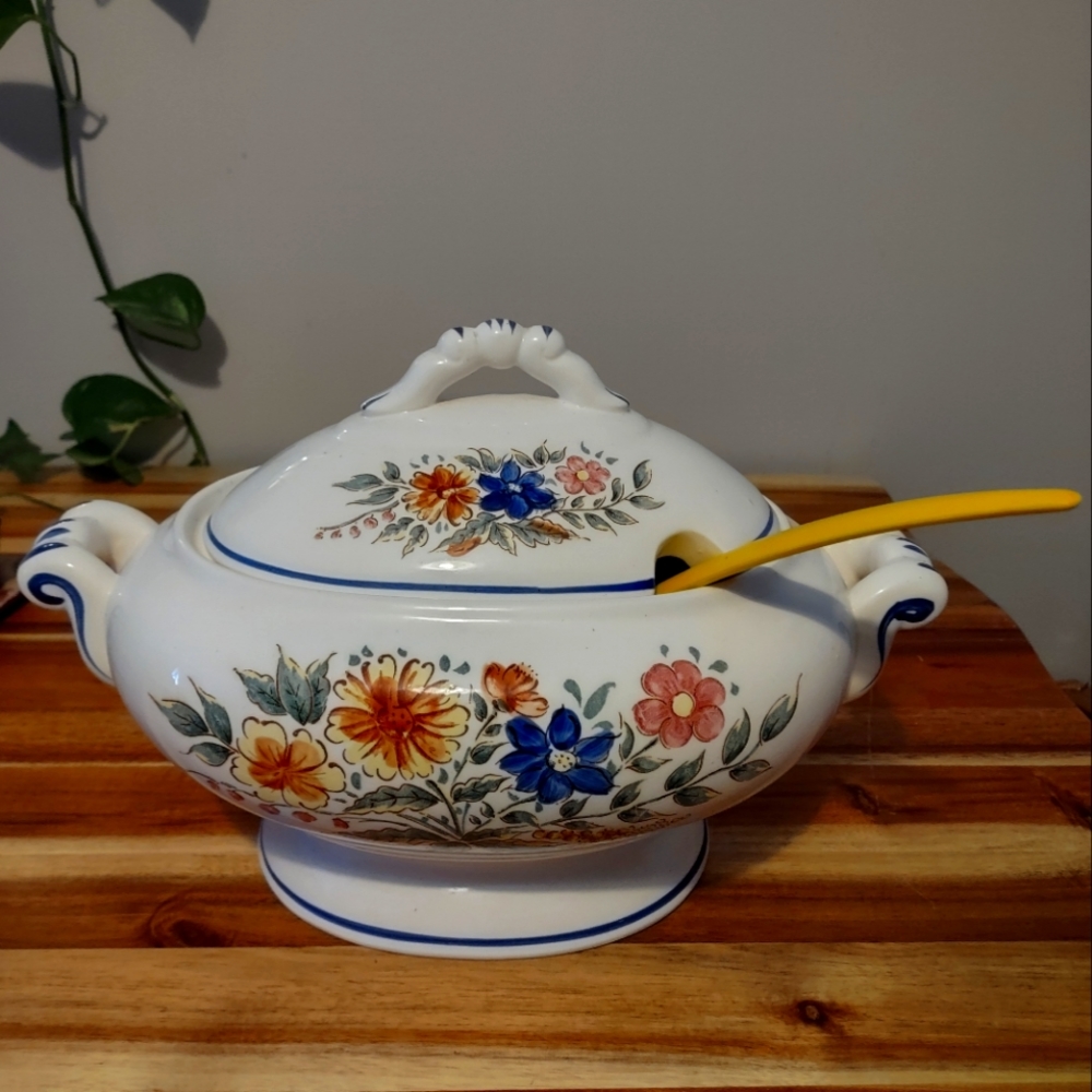 Made In Japan Transferware Soup Tureen with Ladle "Flower Motif"